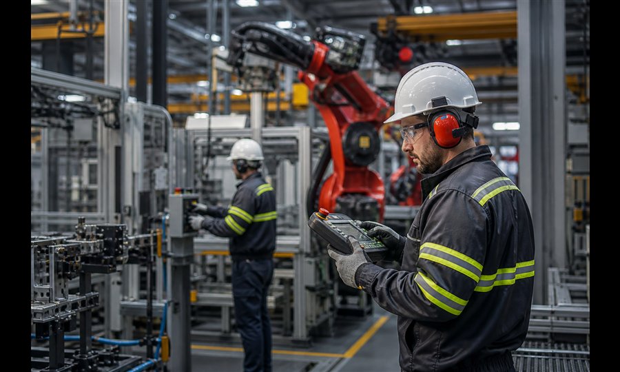 Operadores protegidos en una planta industrial automatizada