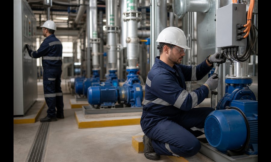 Técnicos protegidos realizando mantenimiento industrial
