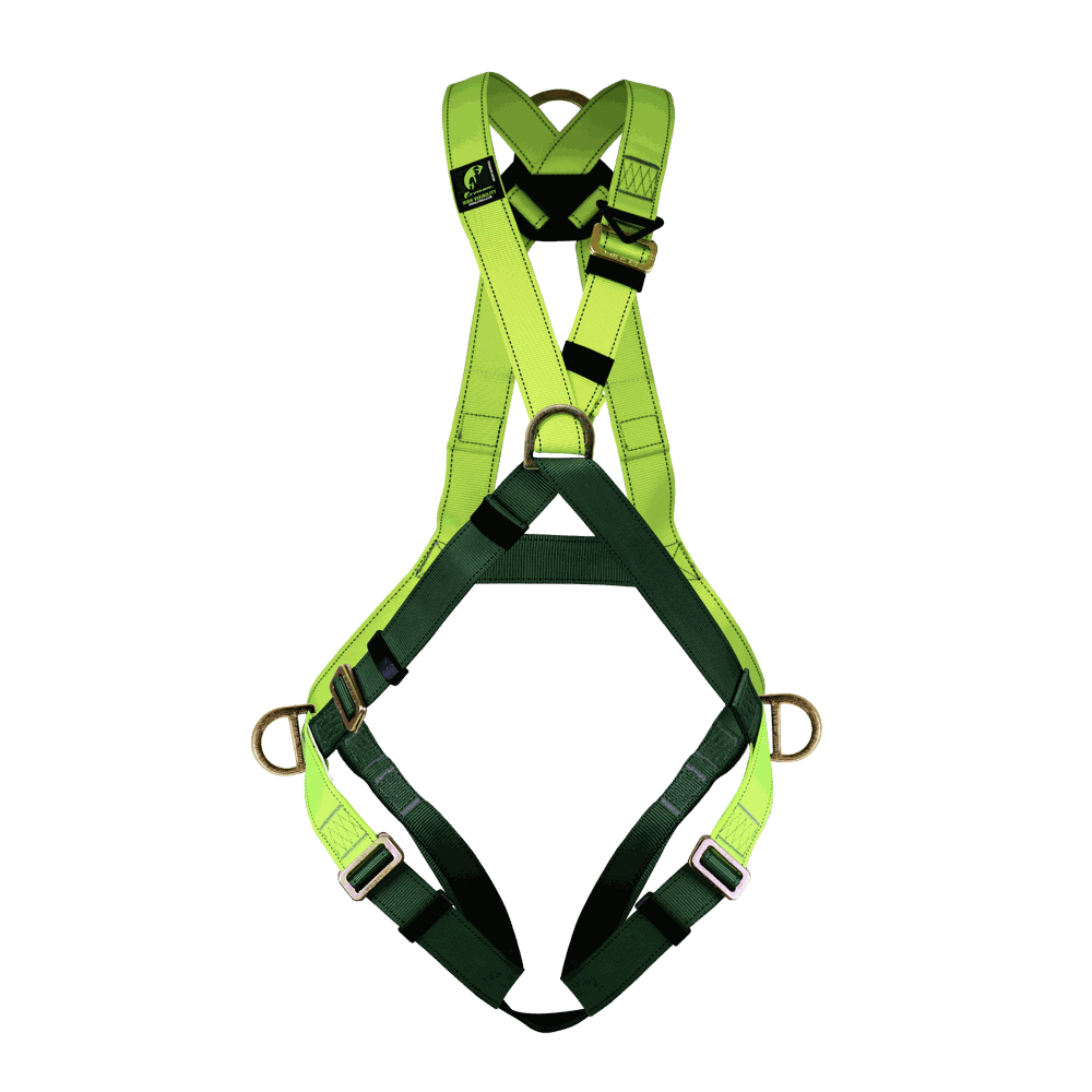 Arnés de cuerpo completo con anillos “D” en espalda, pecho y costados.
Full body harness with “D” rings on the back, chest, and sides.