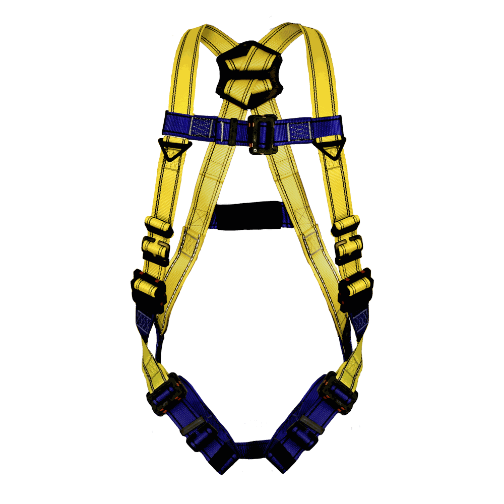 Arnés de cuerpo completo con anillo “D” en espalda, herrajes dieléctricos.
Full body harness with “D” rings on the back, dielectric hardware.