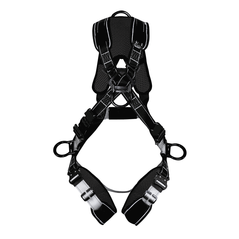 Arnés de cuerpo completo con anillos “D” en espalda, pecho y costados.
Full body harness with “D” rings on the back, chest, and sides.