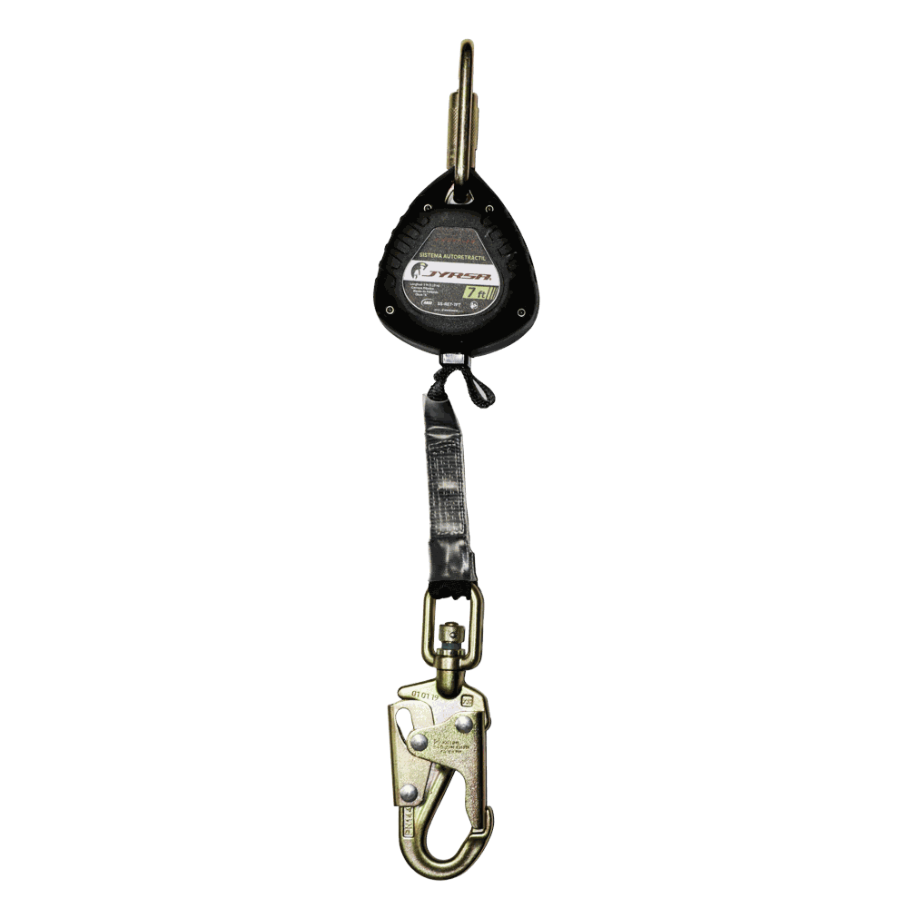 Retráctil con banda de poliéster 7ft.
Self-retracting lifeline with 7ft polyester strap.