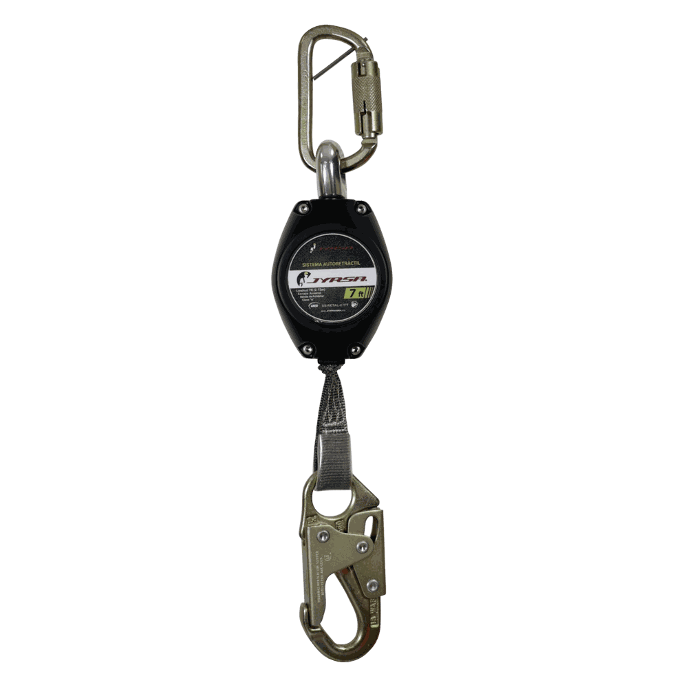 Retráctil con banda de poliéster.
Self-retracting lifeline with polyester strap.