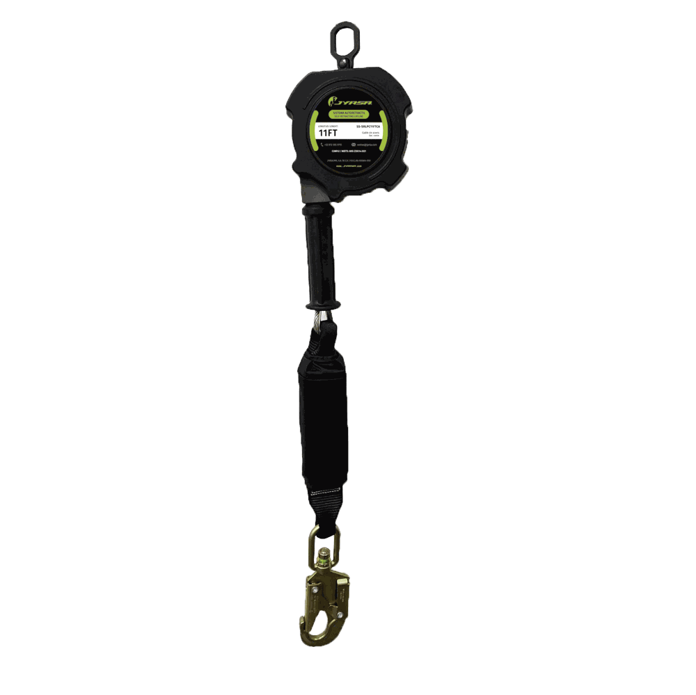 Retráctil con cable de acero.
Retractable with steel cable.