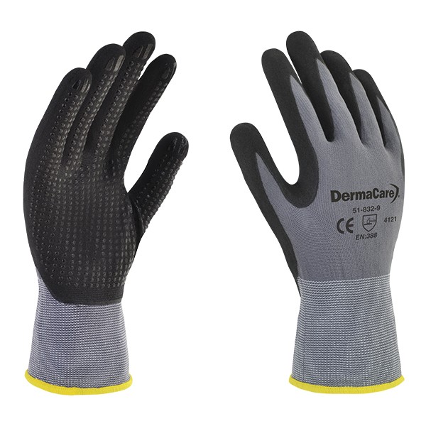 GUANTE NYLON GRIS PALMA NITRILO MICROPOROSO Y POLÍMEROS PUNTOS D NITRILO EN PAL